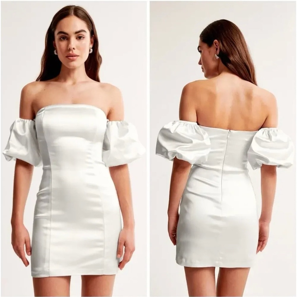 Abercrombie & Fitch White Satin Off Shoulder Puff Sleeve Mini Dress NWT